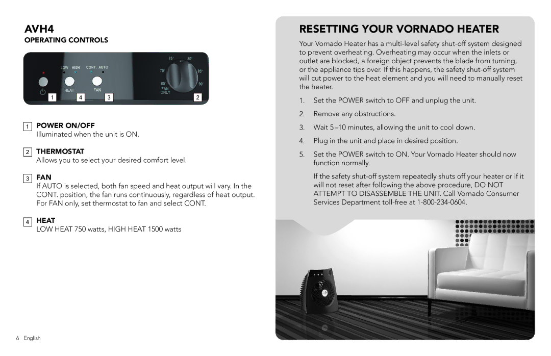 Vornado Whole Room Heater manual AVH4, Resetting Your Vornado Heater 