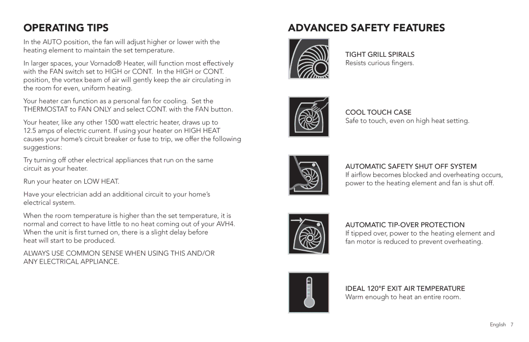 Vornado AVH4, Whole Room Heater manual Operating Tips, Advanced Safety Features 