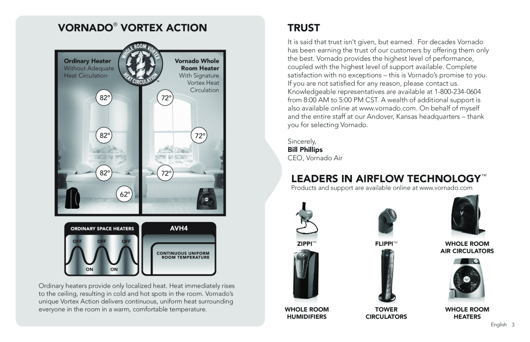 Vornado AVH4, Whole Room Heater manual Vornado Vortex Action, Trust, Leaders in Airflow Technology, Bill Phillips 