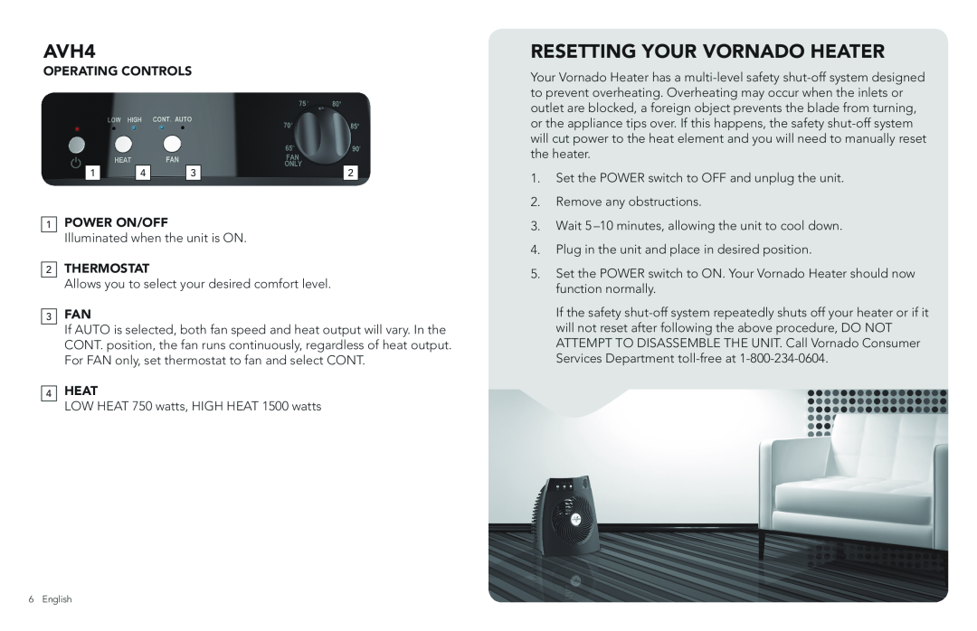 Vornado Whole Room Heater AVH4, Resetting Your Vornado Heater, Operating Controls, 1POWER ON/OFF, 2THERMOSTAT, 3FAN, 4HEAT 