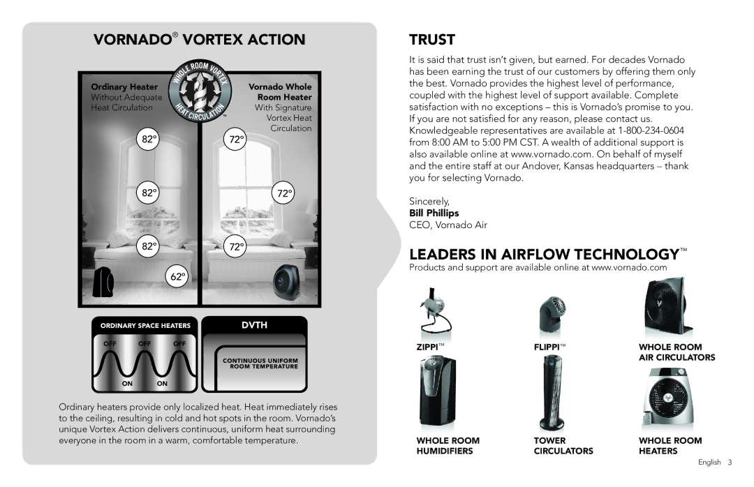 Vornado Whole Room Heater, DVTH manual Vornado Vortex Action, Trust 