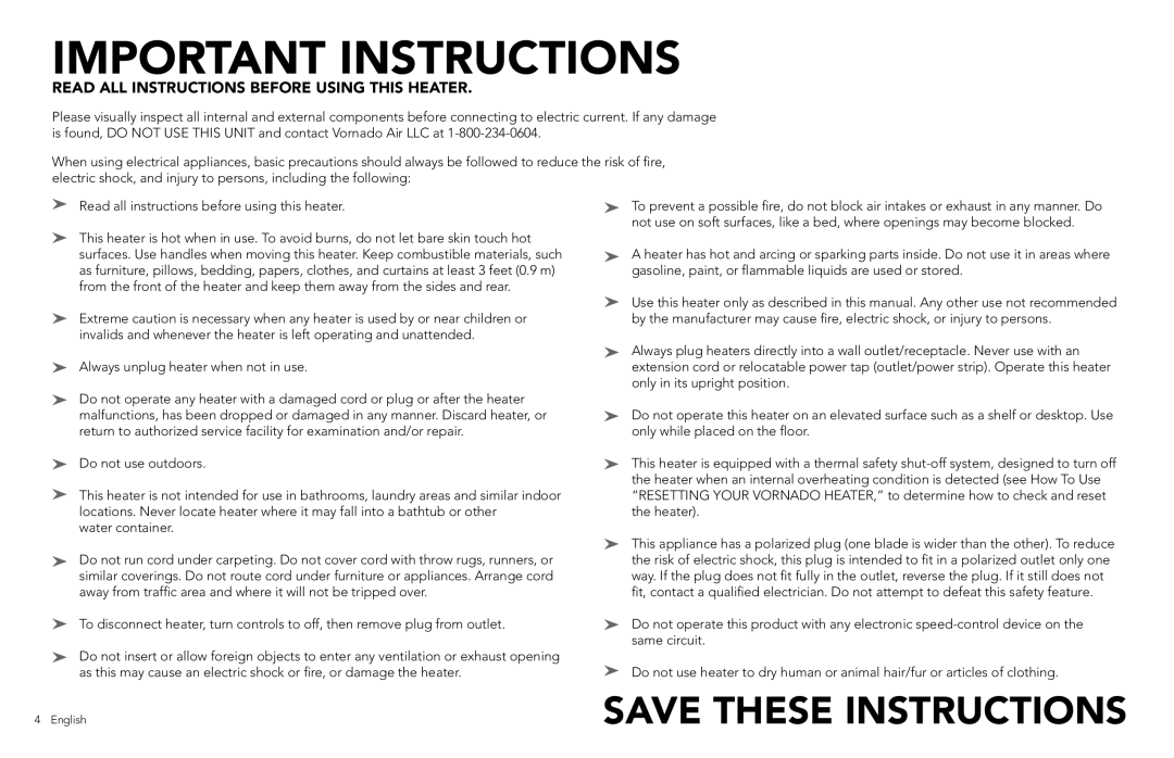 Vornado DVTH, Whole Room Heater manual Important Instructions, Read ALL Instructions Before Using this Heater 