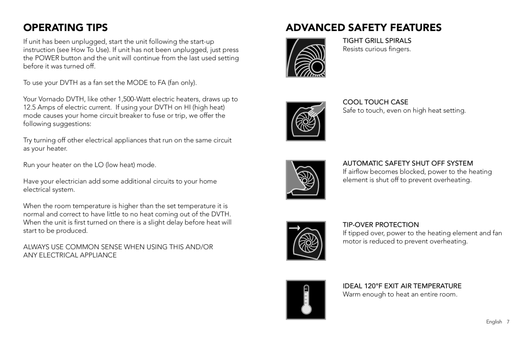 Vornado Whole Room Heater, DVTH manual Operating Tips, Advanced Safety Features 