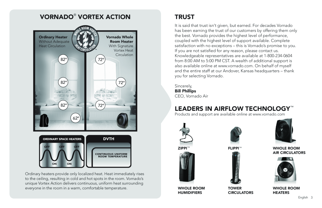 Vornado Whole Room Heater, DVTH manual Vornado Vortex Action, Trust, Leaders in Airflow Technology, Bill Phillips 