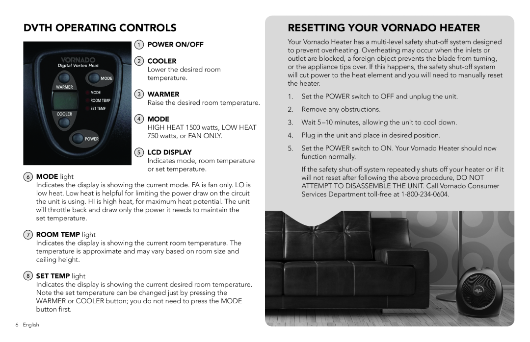 Vornado DVTH Dvth Operating Controls, Resetting Your Vornado Heater, 1POWER ON/OFF 2COOLER, 3WARMER, 4MODE, 5LCD DISPLAY 