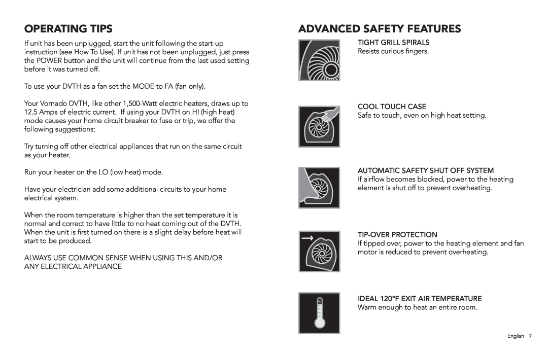 Vornado Whole Room Heater, DVTH manual Operating Tips, Advanced Safety Features 