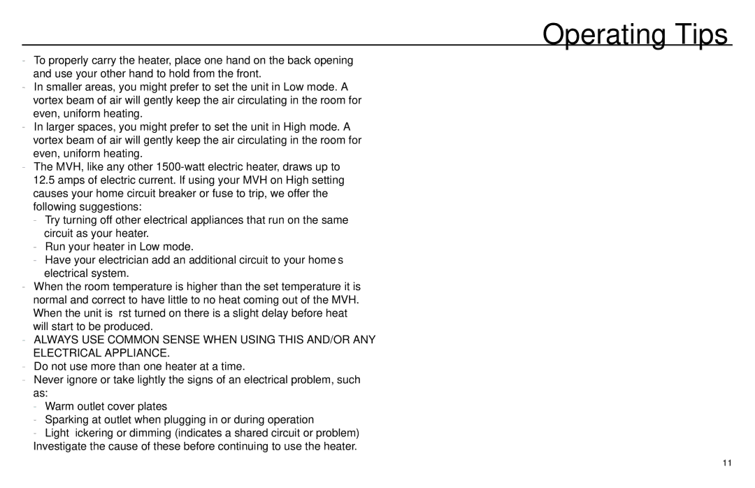 Vornado Whole Room Heater manual Operating Tips 