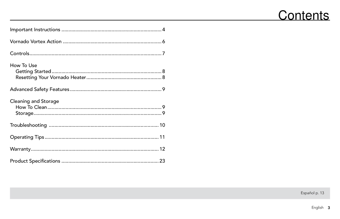 Vornado Whole Room Heater manual Contents 