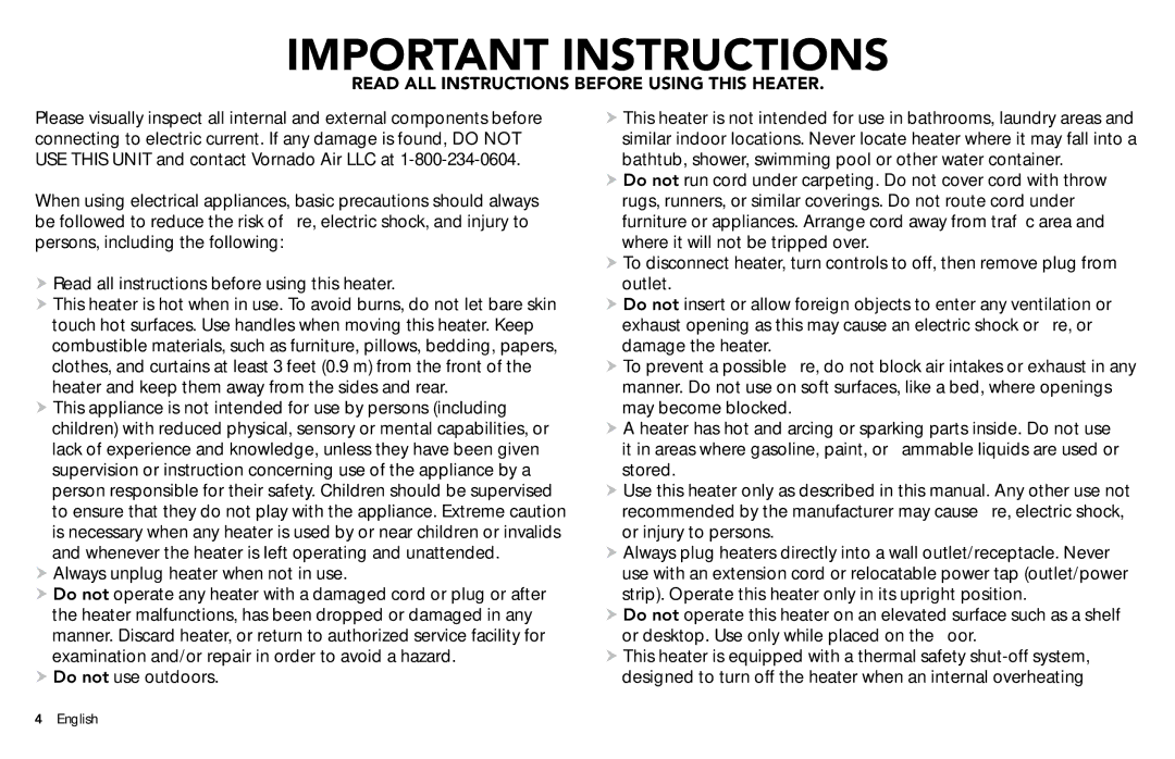 Vornado Whole Room Heater manual Important Instructions 