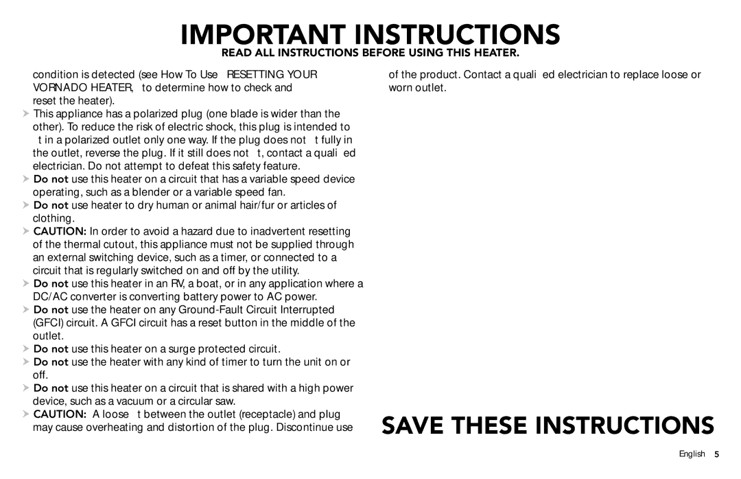 Vornado Whole Room Heater manual Important Instructions 