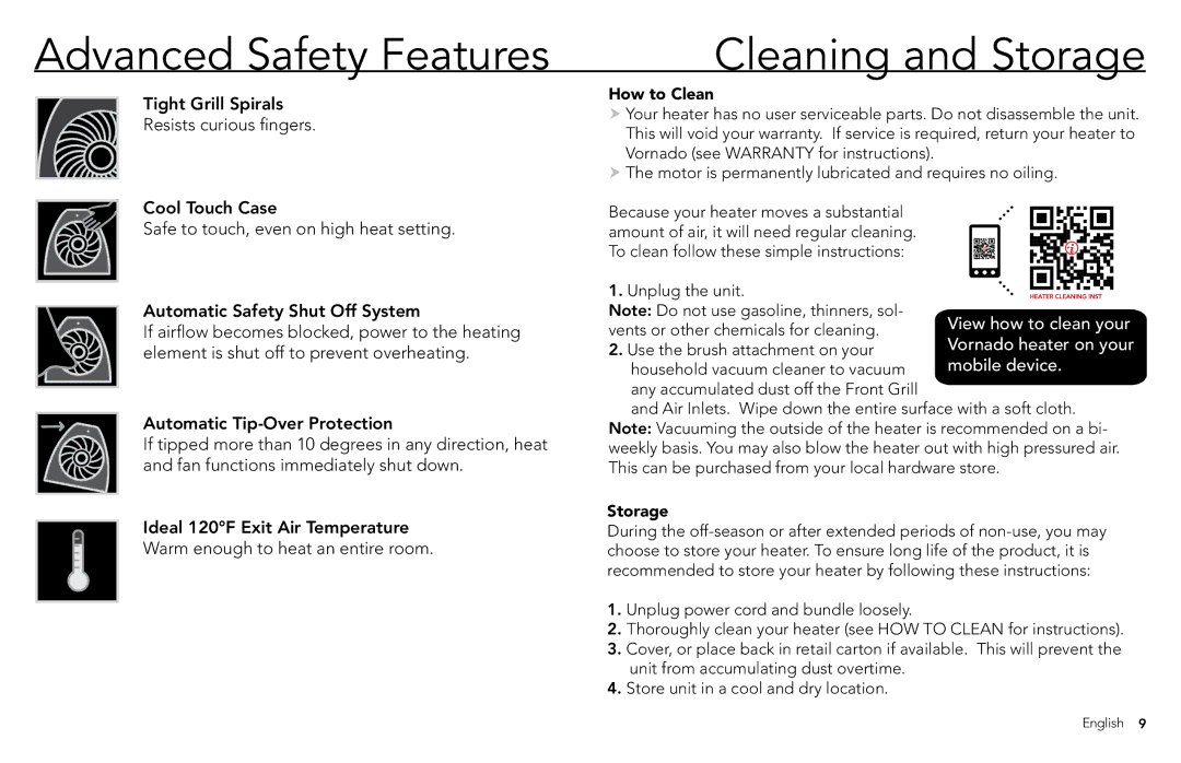 Vornado Whole Room Heater manual Advanced Safety Features Cleaning and Storage, How to Clean 