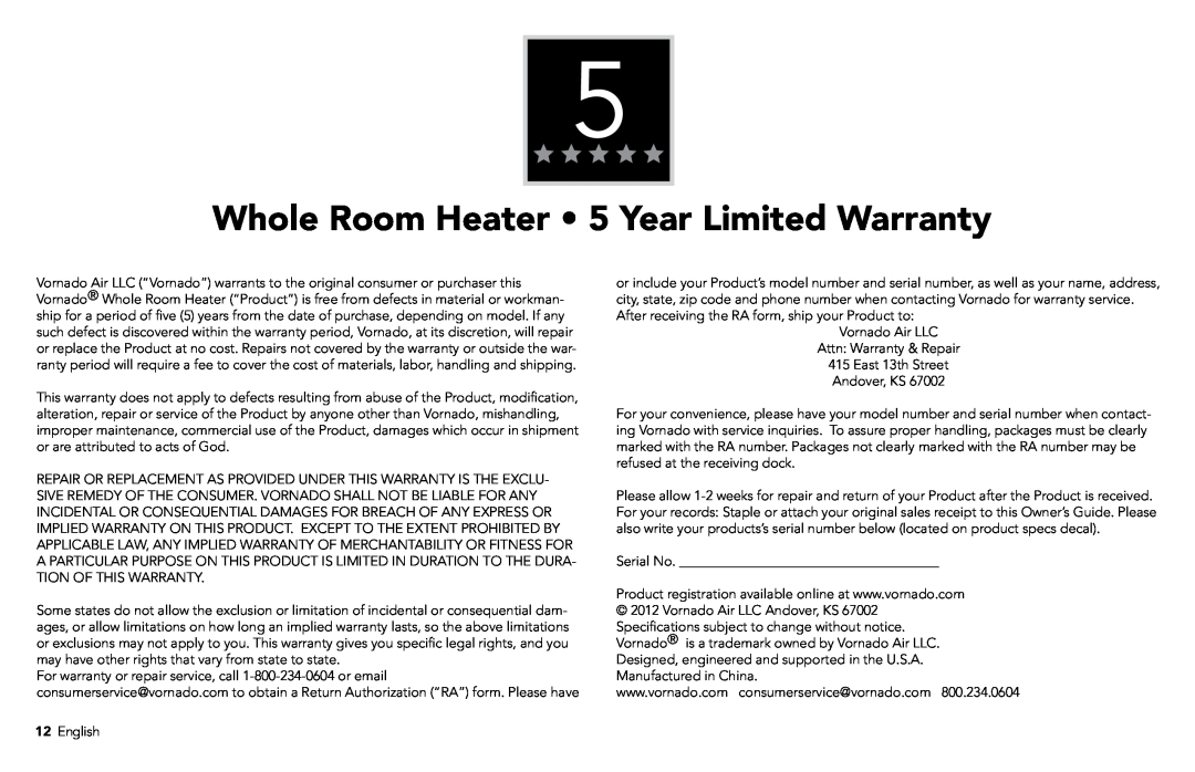 Vornado manual Whole Room Heater 5 Year Limited Warranty 