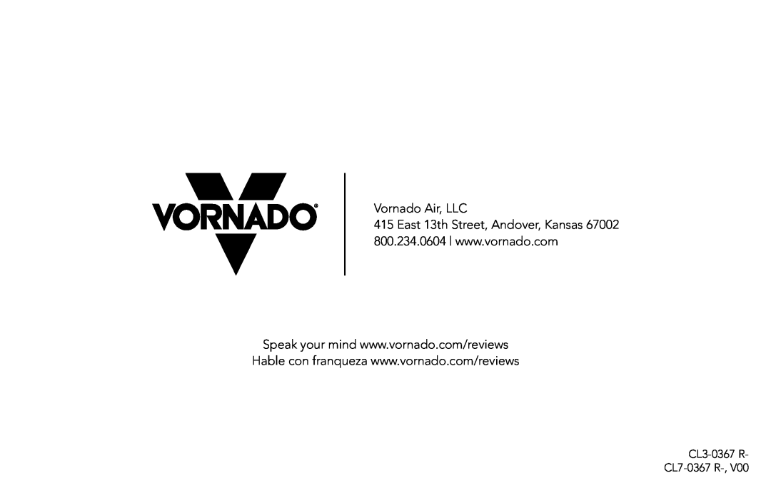 Vornado Whole Room Heater manual Vornado Air, LLC, CL3-0367R- CL7-0367 R-,V00 