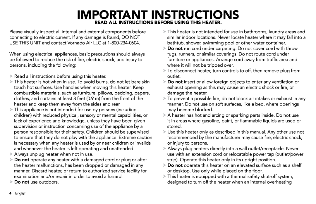 Vornado Whole Room Heater manual Important Instructions, Read All Instructions Before Using This Heater 