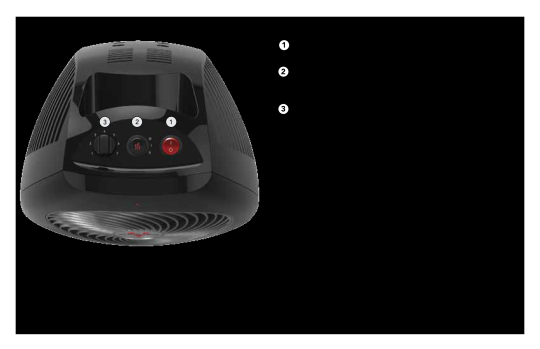 Vornado Whole Room Heater manual Controls, 1Power On/Off, Front light illuminates when power is on 2Heat, 3Thermostat 