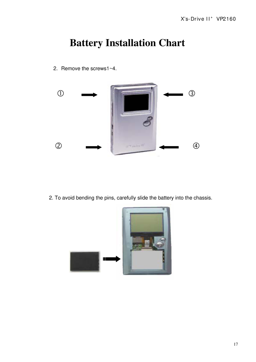 Vosonic VP2160 manual Battery Installation Chart 