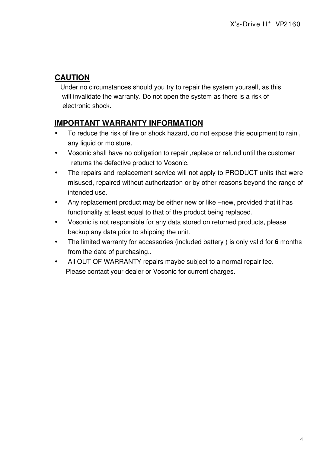 Vosonic VP2160 manual Important Warranty Information 