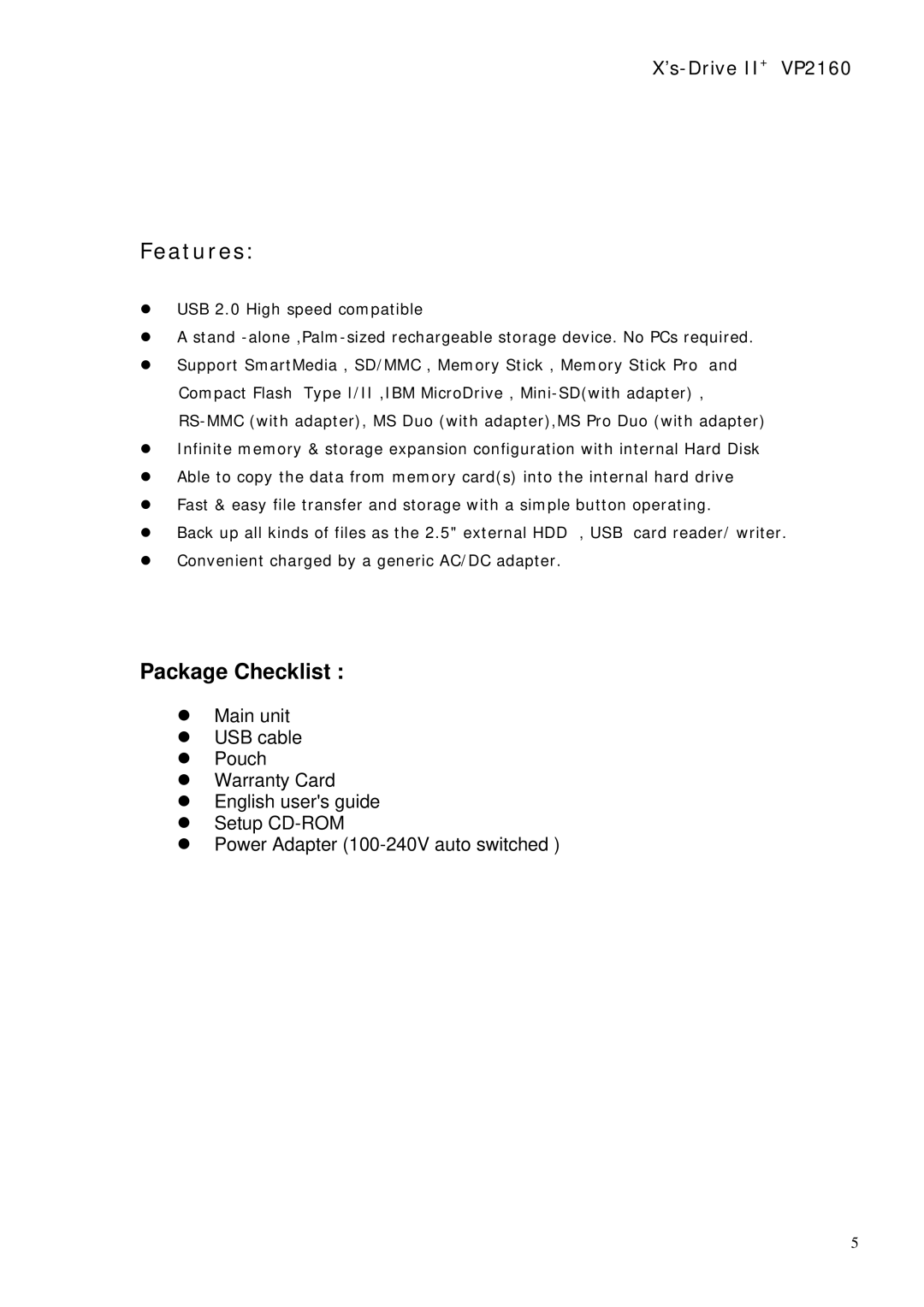 Vosonic VP2160 manual Features, Package Checklist 