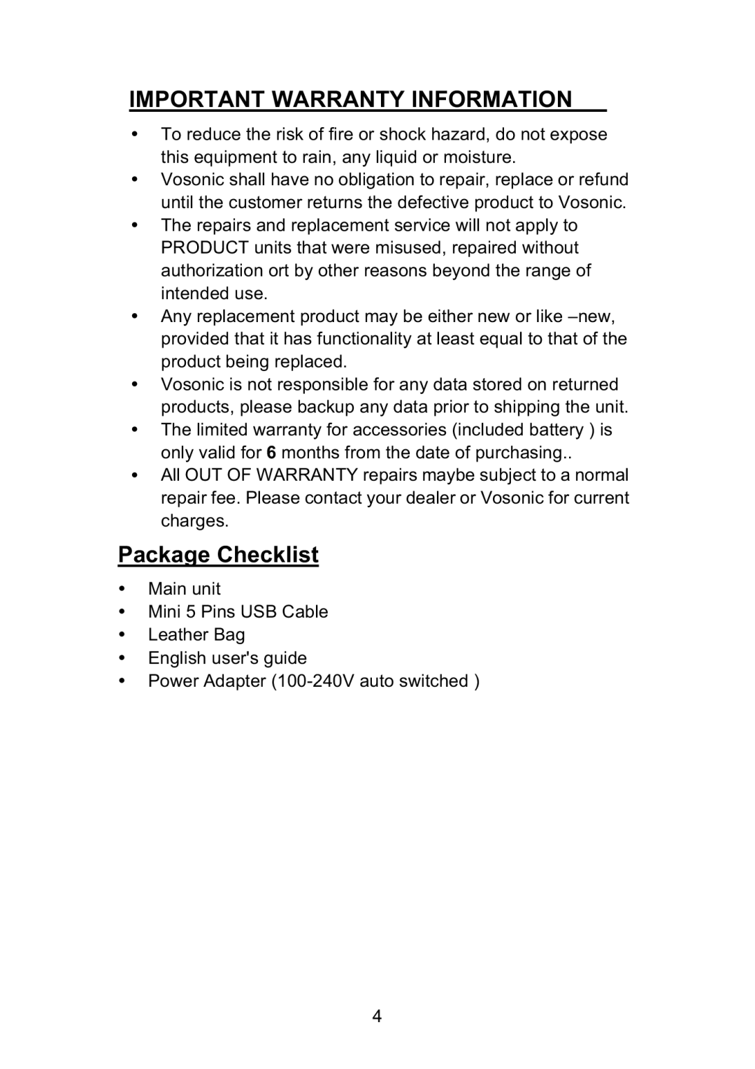 Vosonic VP5500 manual Important Warranty Information, Package Checklist 
