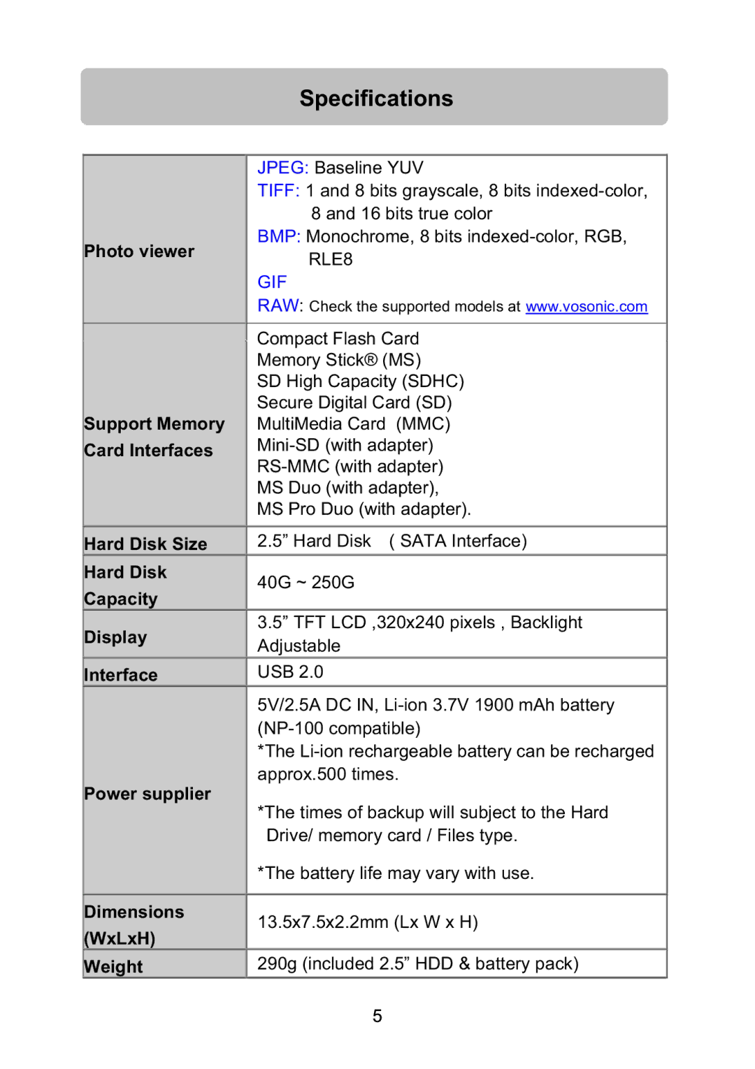 Vosonic VP5500 manual Specifications 