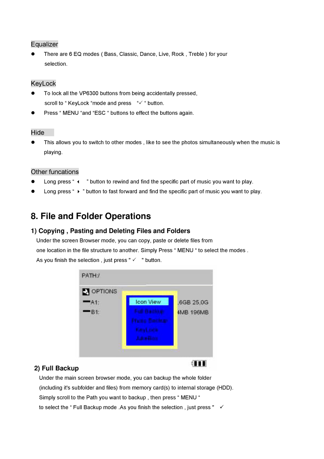 Vosonic VP6300 manual File and Folder Operations, Copying , Pasting and Deleting Files and Folders, Full Backup 