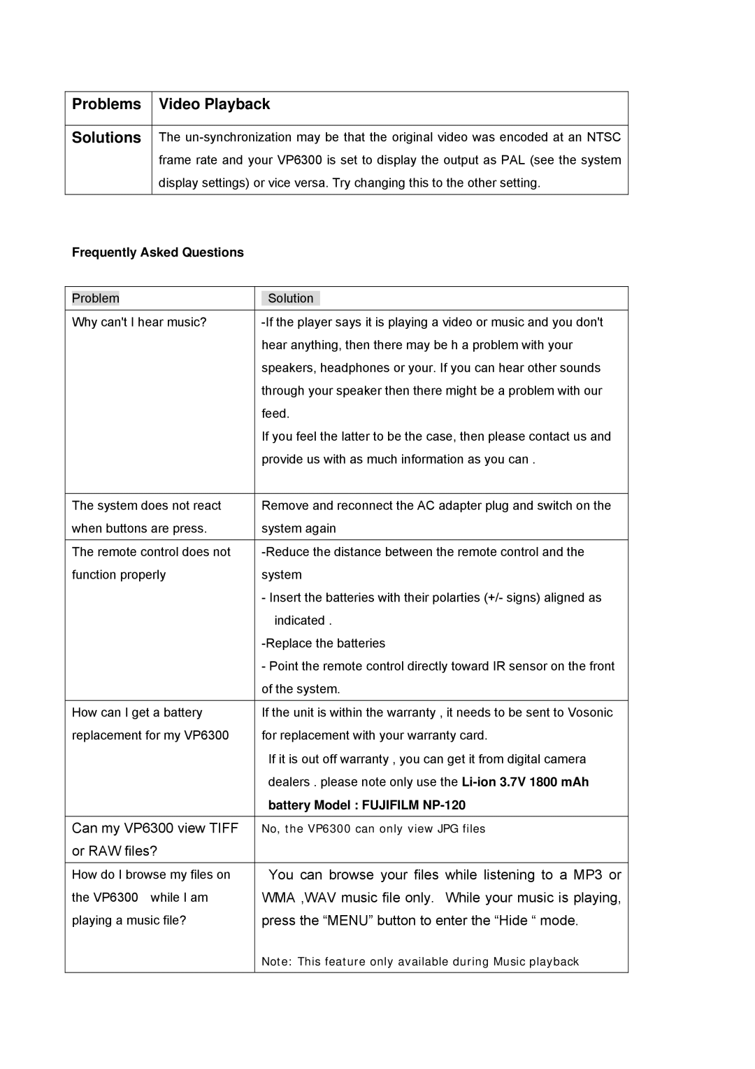 Vosonic VP6300 manual Problems Video Playback Solutions, Frequently Asked Questions, Battery Model Fujifilm NP-120 