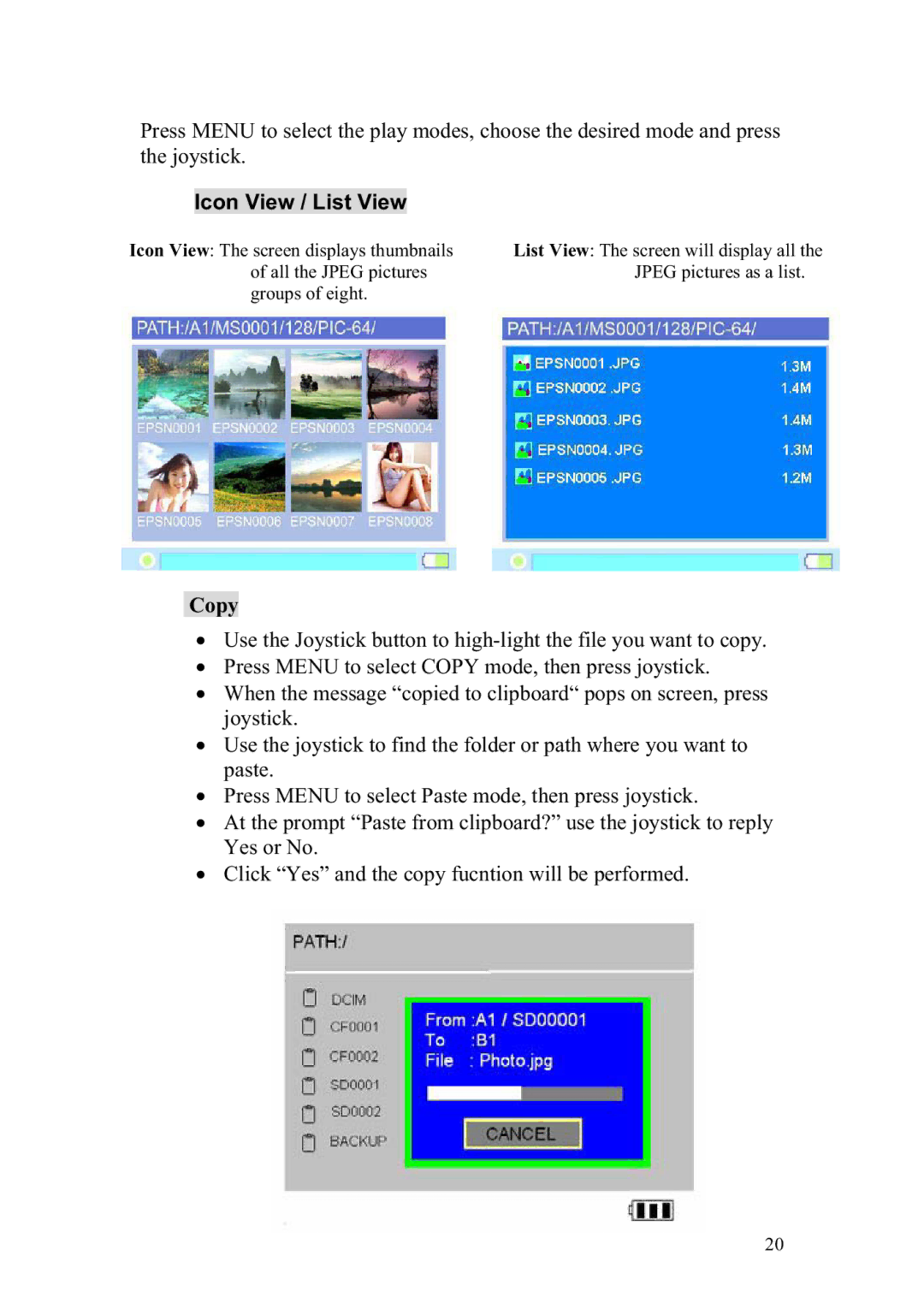 Vosonic VP8390 manual Icon View / List View, Copy 