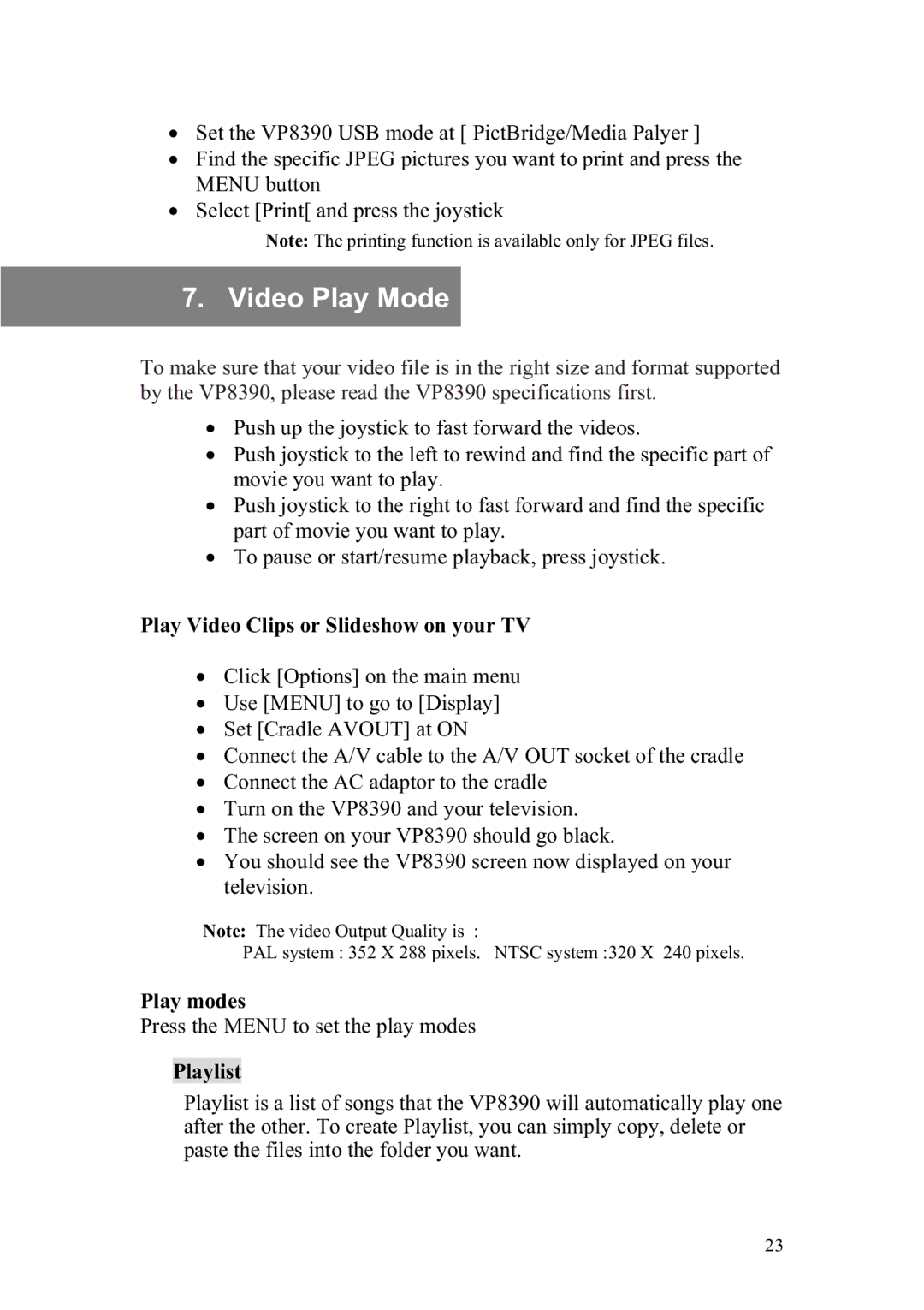 Vosonic VP8390 Video Play Mode, Play Video Clips or Slideshow on your TV, Play modes, Press the Menu to set the play modes 