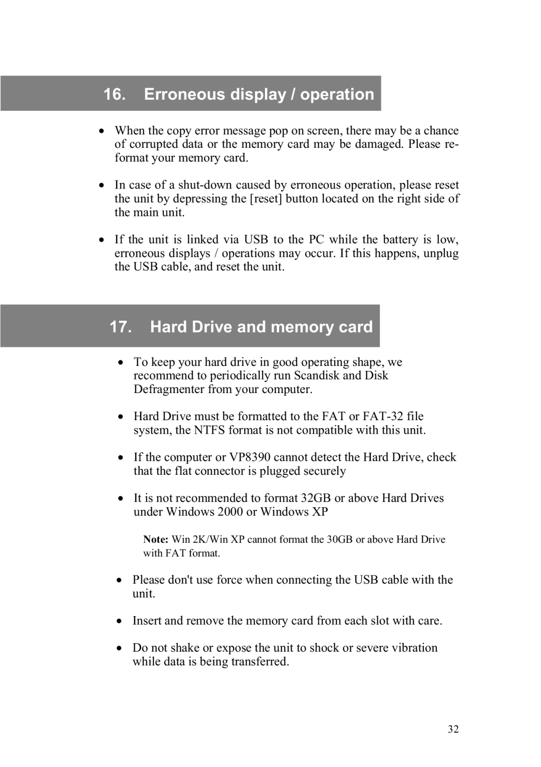 Vosonic VP8390 manual Erroneous display / operation, Hard Drive and memory card 