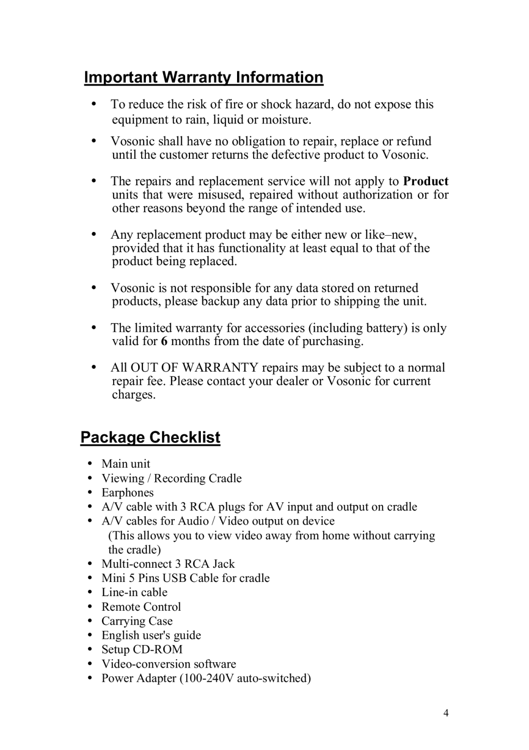 Vosonic VP8390 manual Important Warranty Information 