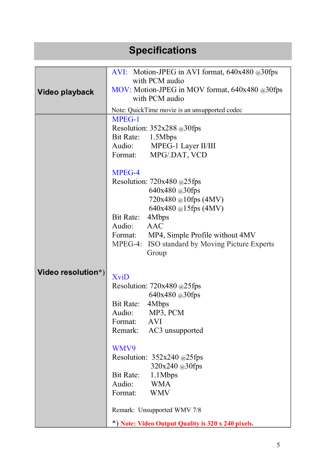 Vosonic VP8390 manual Video playback, Resolution 352x288 @30fps Bit Rate 5Mbps Audio, Format, Mpg/.Dat, Vcd 