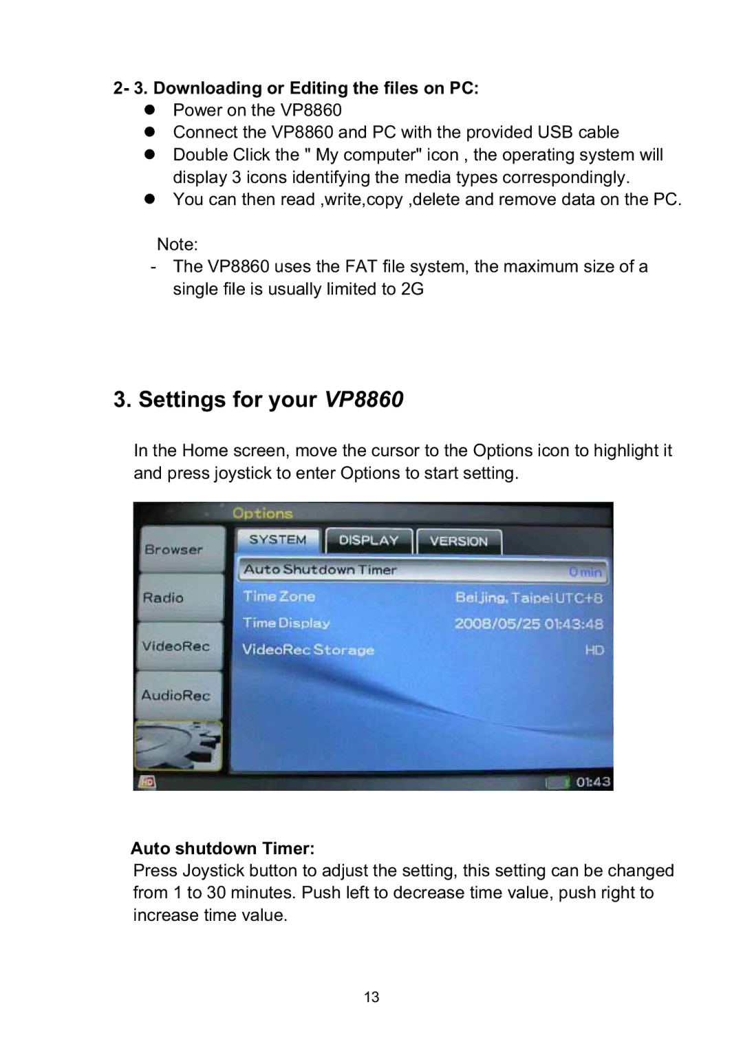Vosonic manual Settings for your VP8860, Downloading or Editing the files on PC, Auto shutdown Timer 
