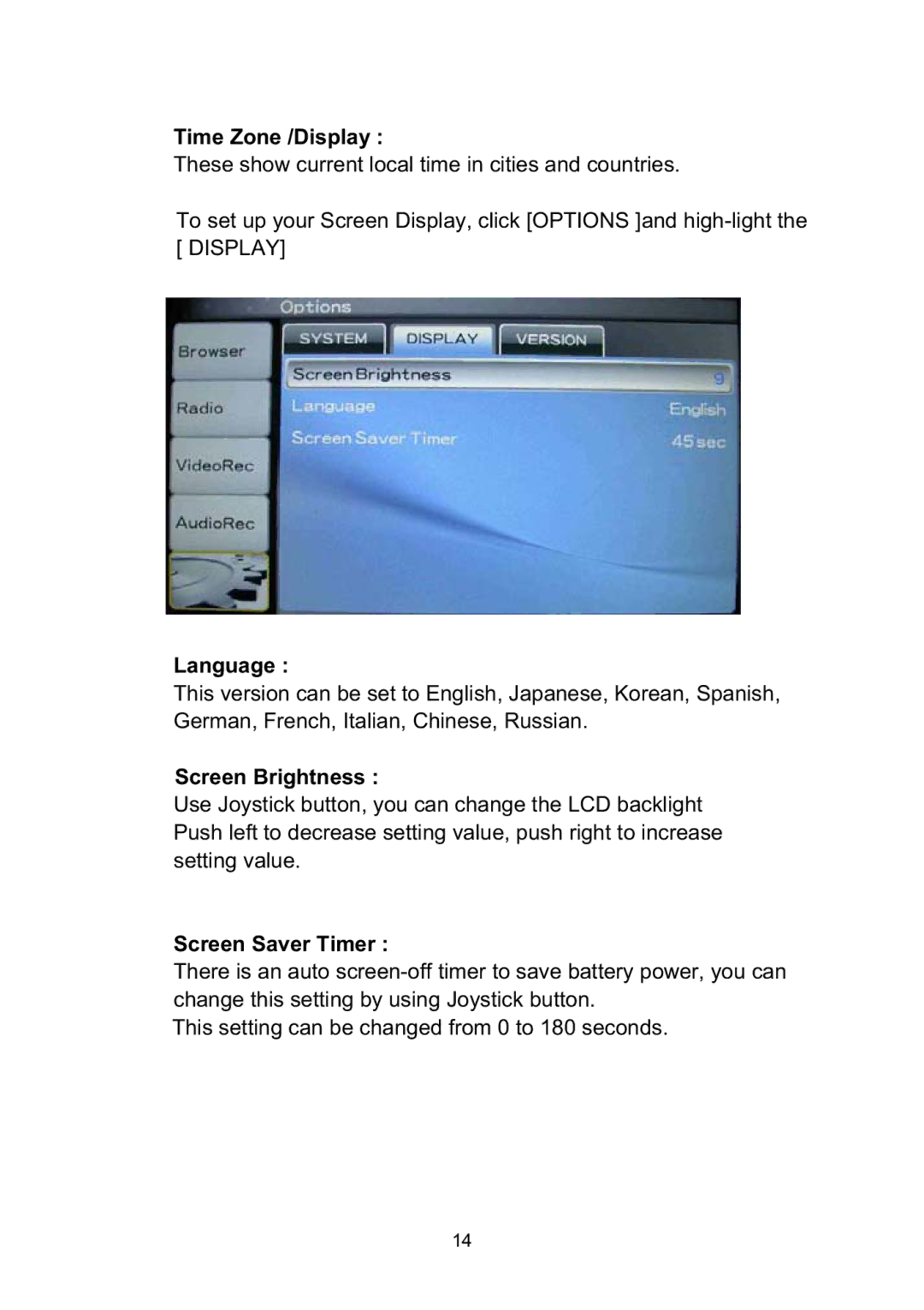 Vosonic VP8860 manual Time Zone /Display, Language, Screen Brightness, Screen Saver Timer 