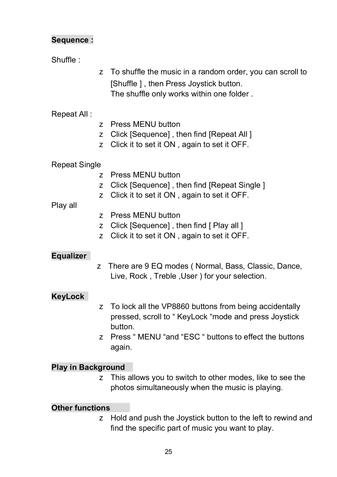 Vosonic VP8860 manual Sequence, Equalizer, KeyLock, Play in Background, Other functions 