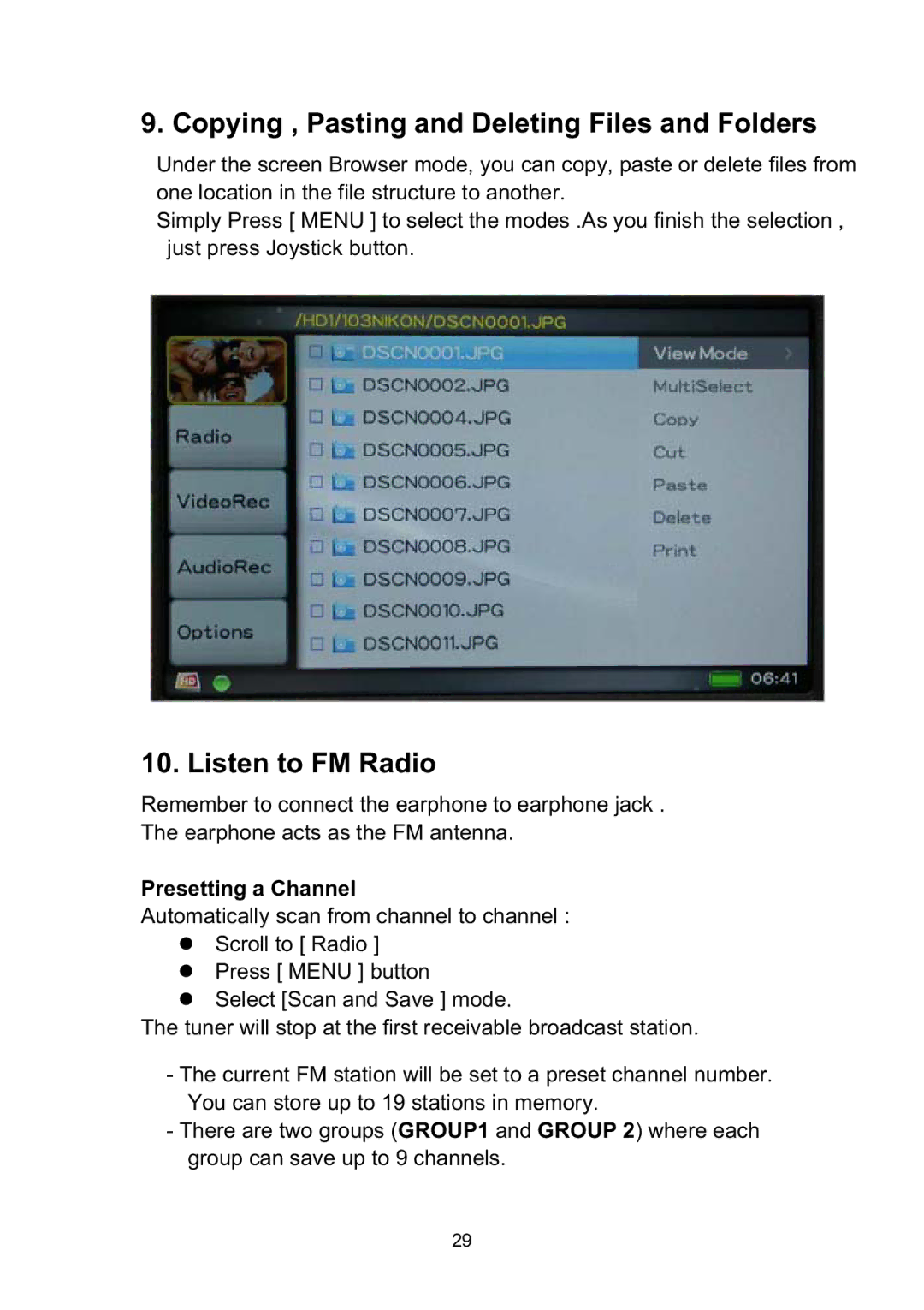 Vosonic VP8860 manual Copying , Pasting and Deleting Files and Folders, Listen to FM Radio, Presetting a Channel 