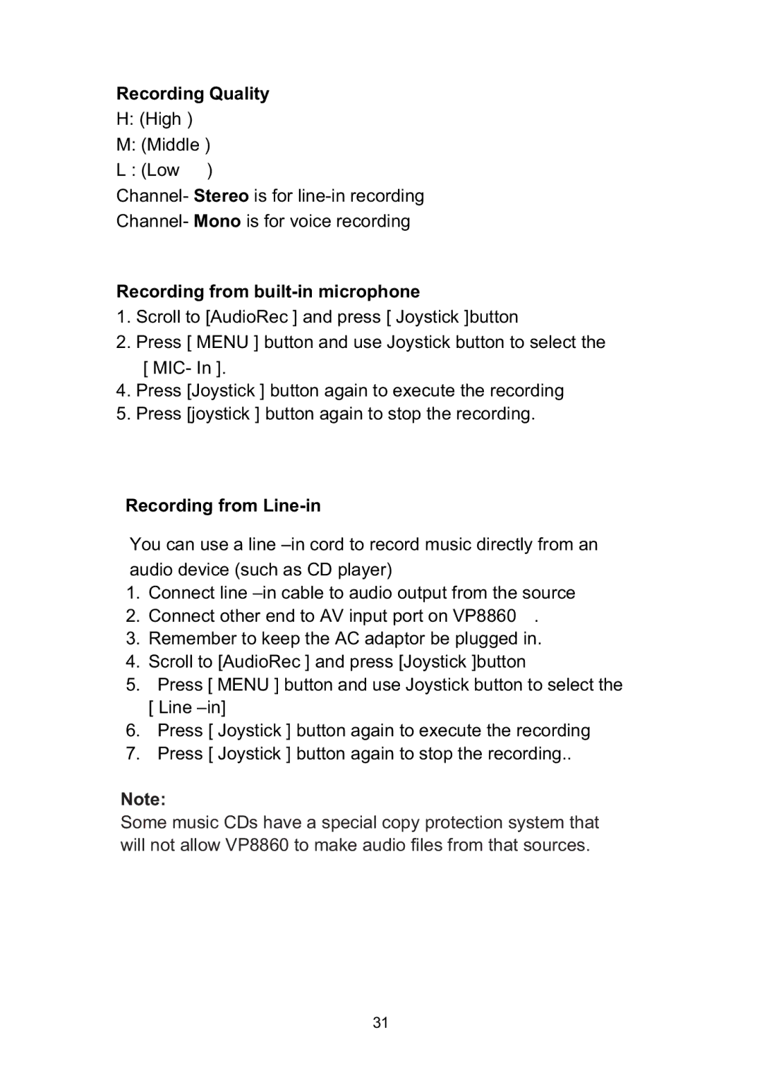 Vosonic VP8860 manual Recording Quality, Recording from built-in microphone, Recording from Line-in 