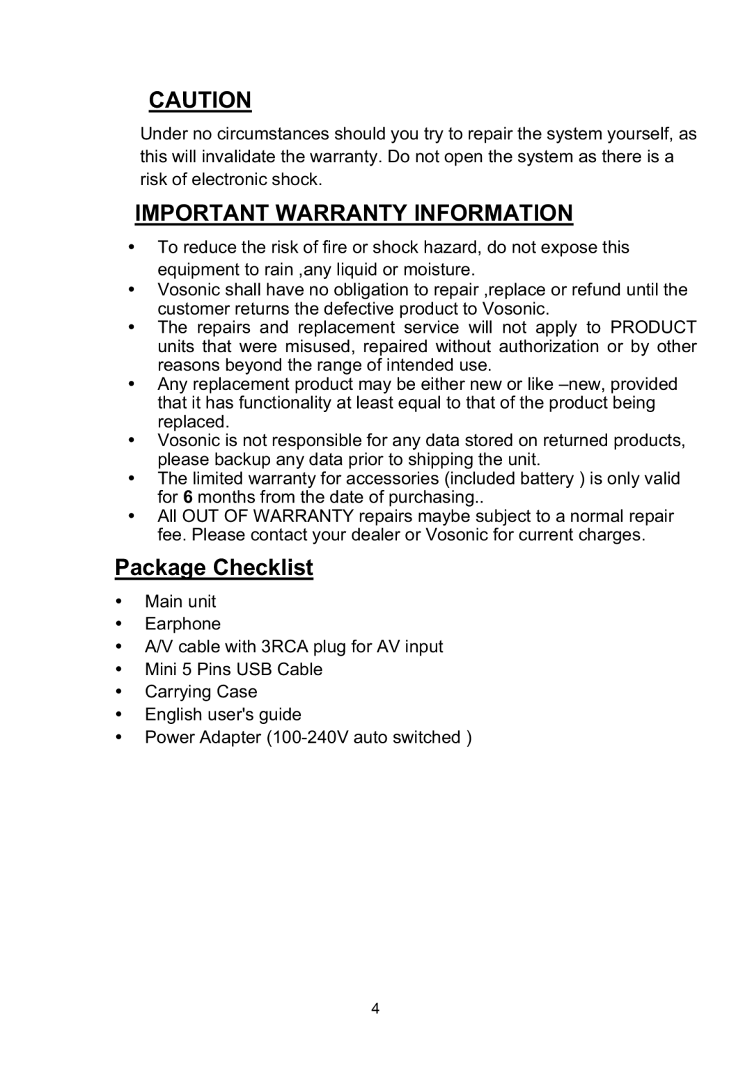 Vosonic VP8860 manual Important Warranty Information, Package Checklist 