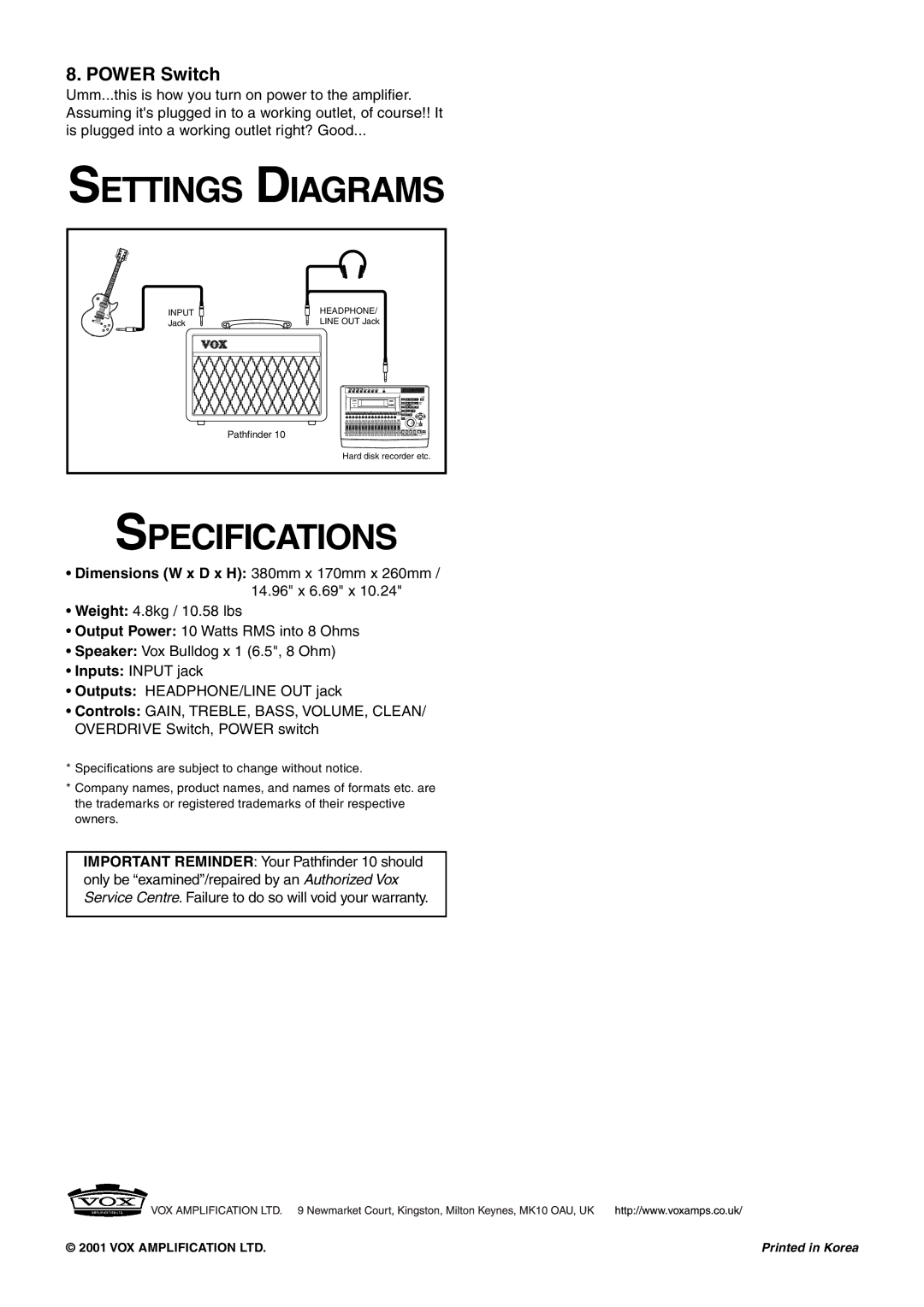 Vox 10 manual Settings Diagrams, Specifications, Power Switch 