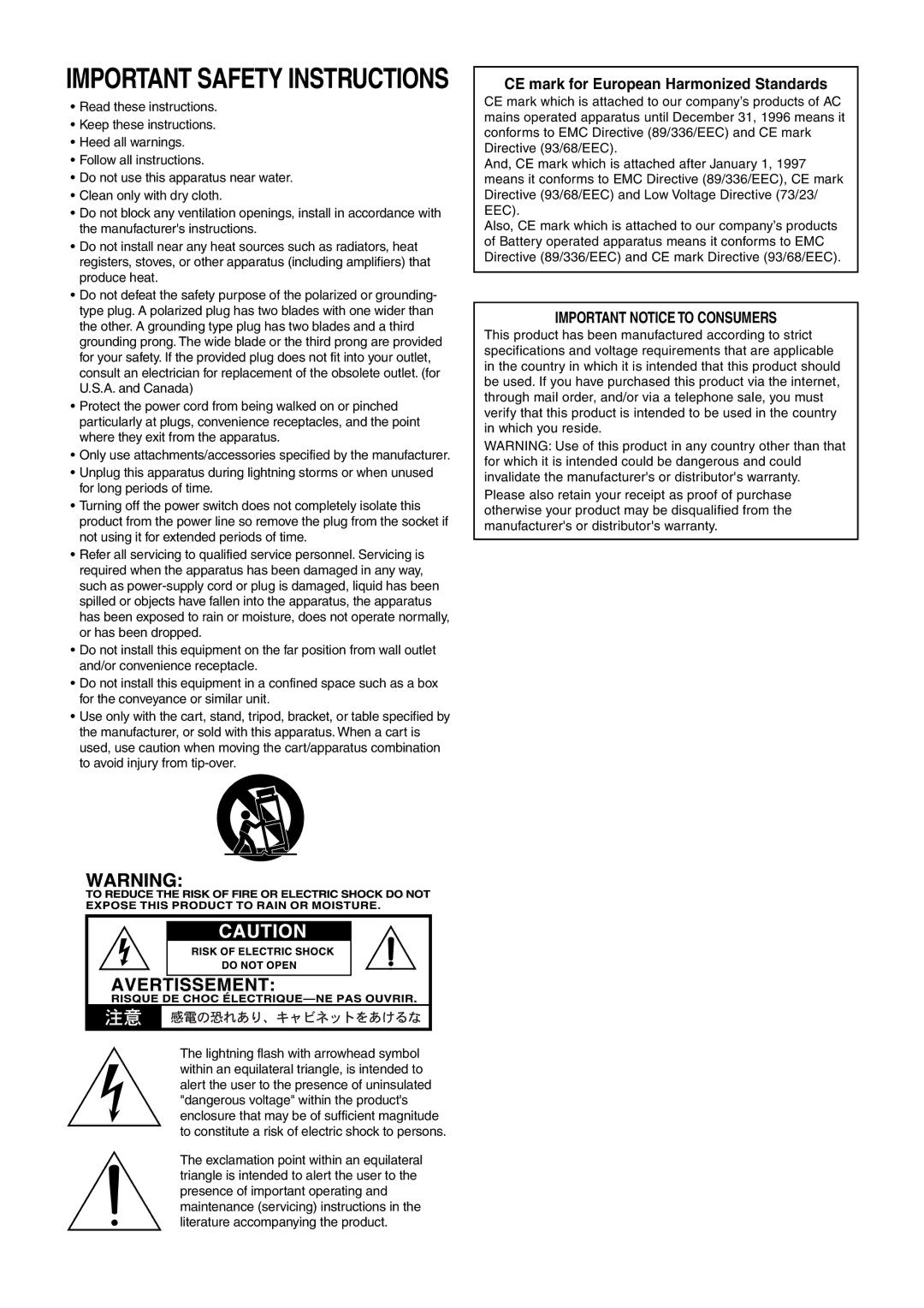 Vox 10 manual CE mark for European Harmonized Standards, Important Notice to Consumers 