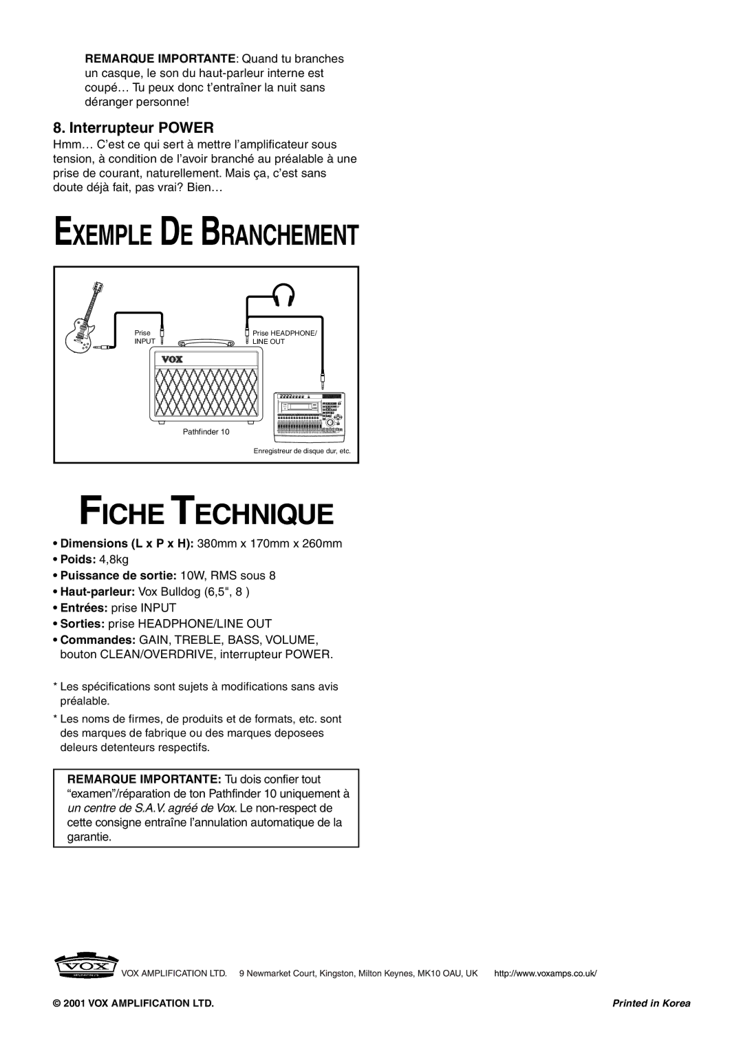 Vox 10 manual Exemple DE Branchement, Fiche Technique, Interrupteur Power 