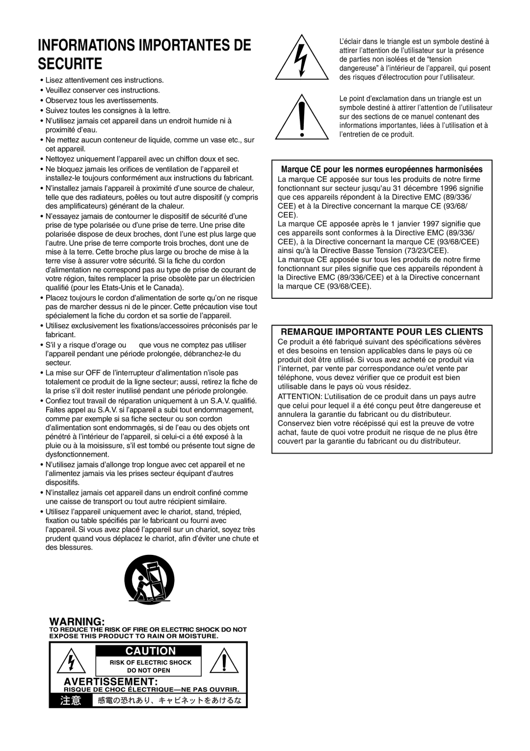 Vox 10 manual Marque CE pour les normes européennes harmonisées, Remarque Importante Pour LES Clients 