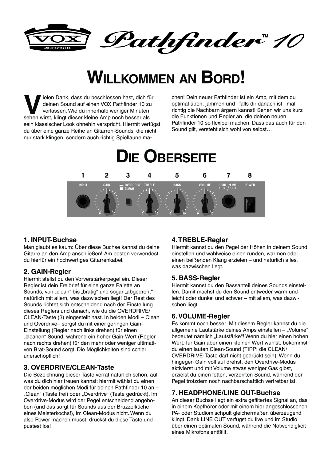 Vox 10 manual Willkommen AN Bord, DIE Oberseite 