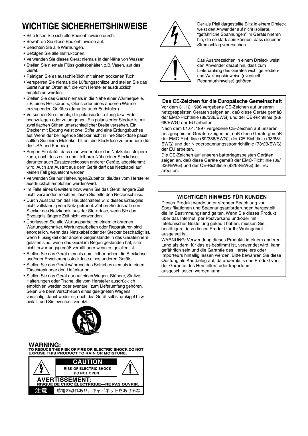 Vox 10 manual Das CE-Zeichen für die Europäische Gemeinschaft, Wichtiger Hinweis FÜR Kunden 