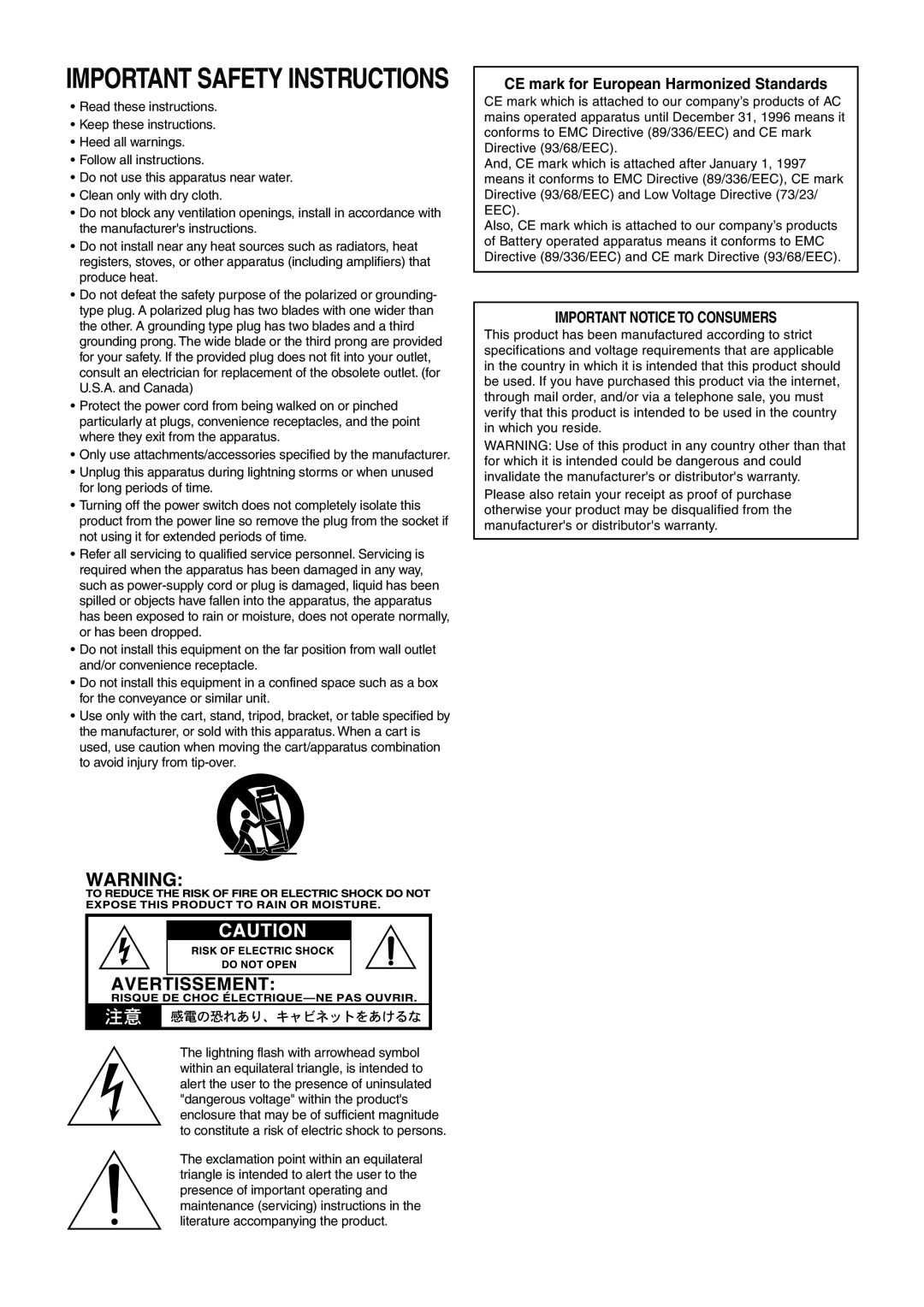 Vox 10 manual Important Safety Instructions, CE mark for European Harmonized Standards, Important Notice To Consumers 