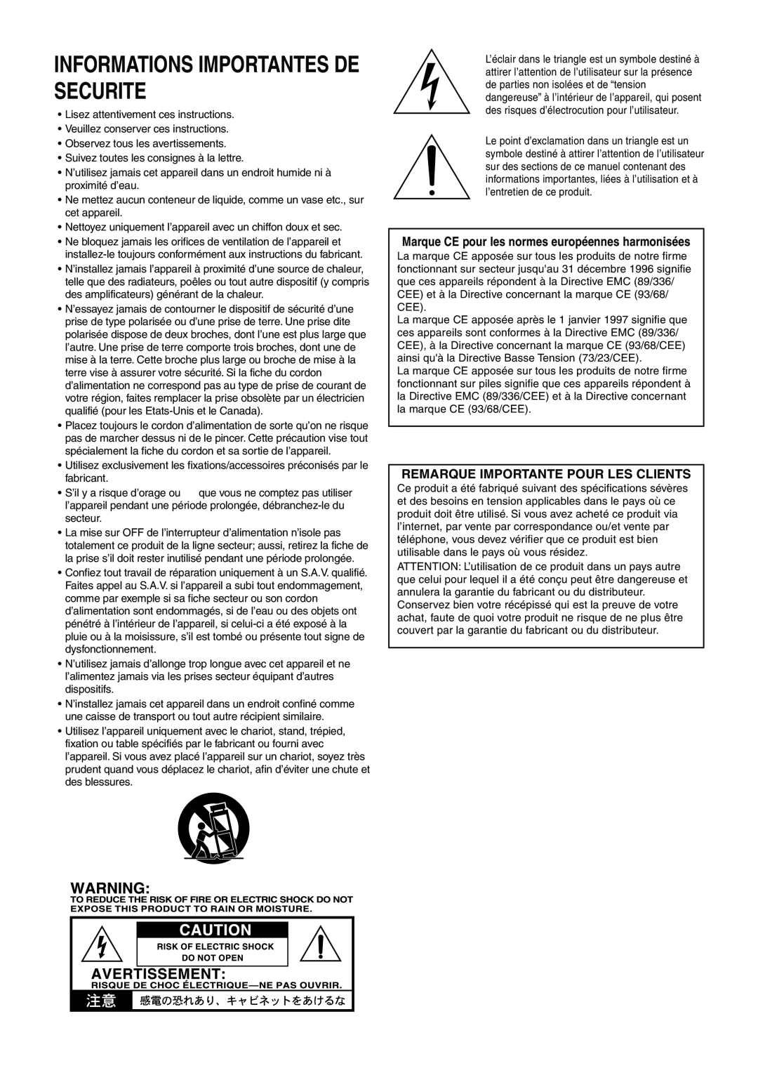 Vox 10 manual Informations Importantes De Securite, Marque CE pour les normes européennes harmonisées 