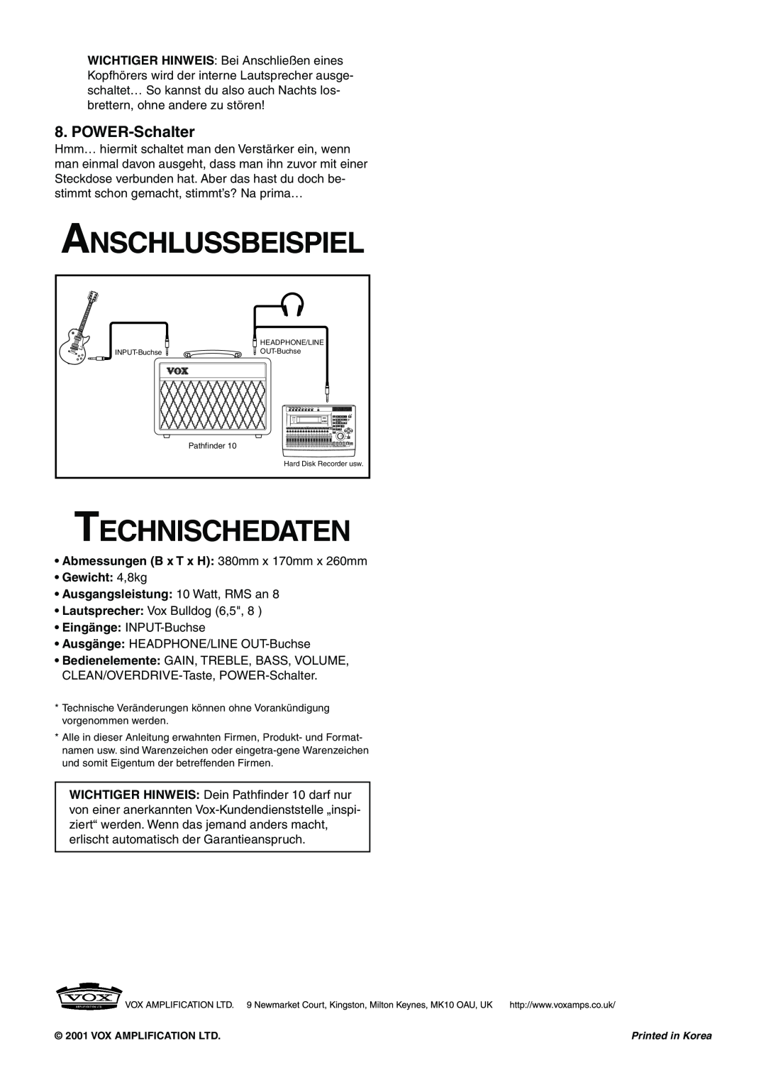 Vox 10 manual Anschlussbeispiel, Technischedaten, POWER-Schalter 