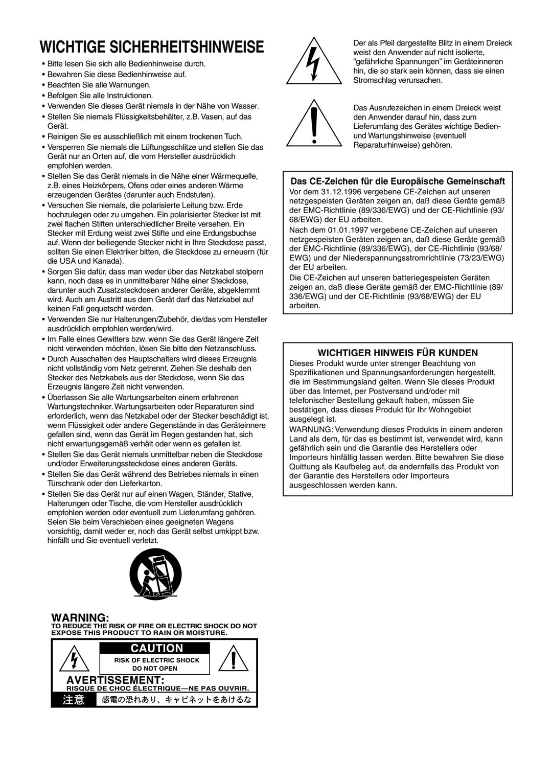 Vox 10 manual Wichtige Sicherheitshinweise, Das CE-Zeichenfür die Europäische Gemeinschaft, Wichtiger Hinweis Für Kunden 