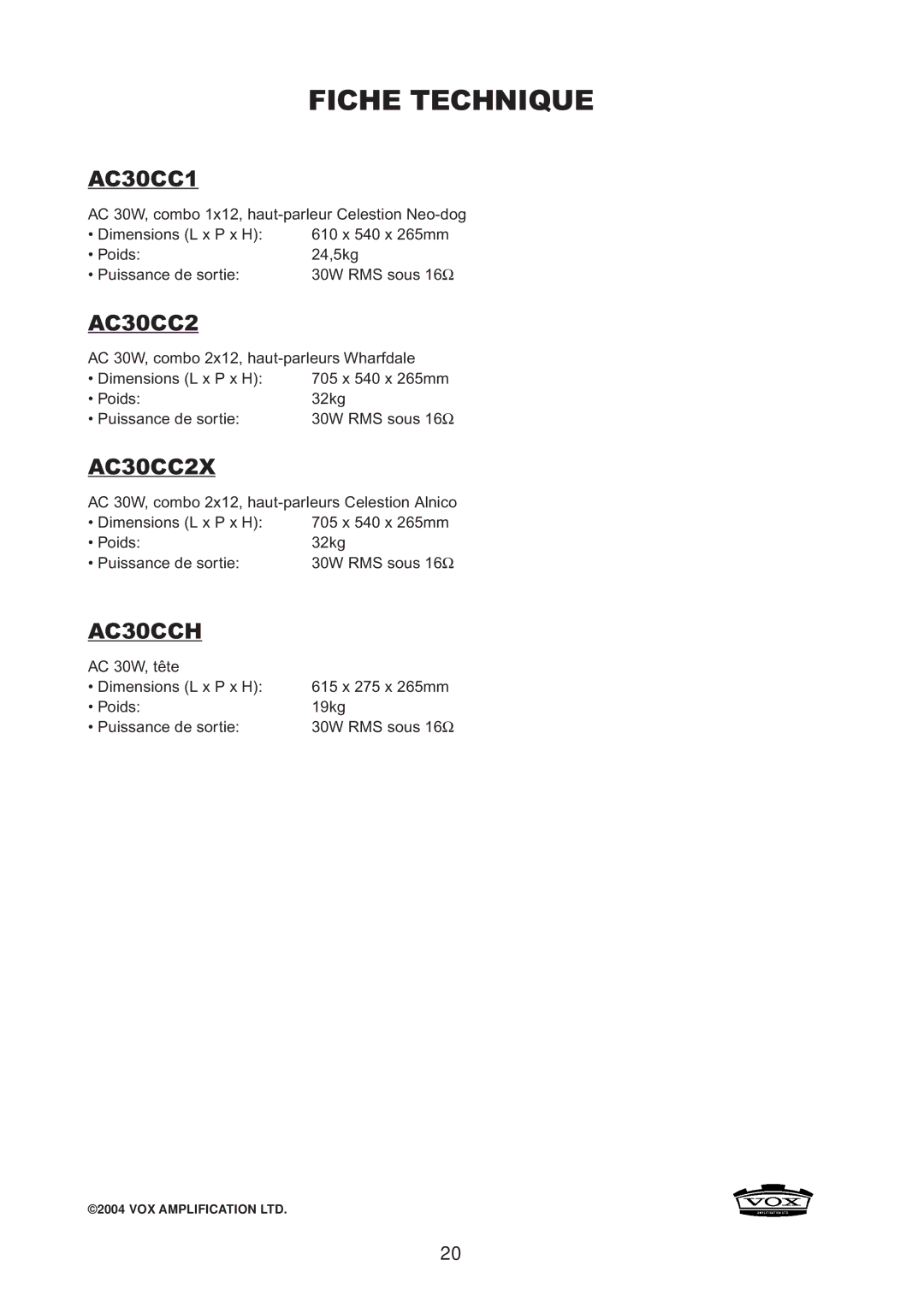 Vox AC30CC2X, AC30CC1, AC30CCH owner manual Fiche Technique 