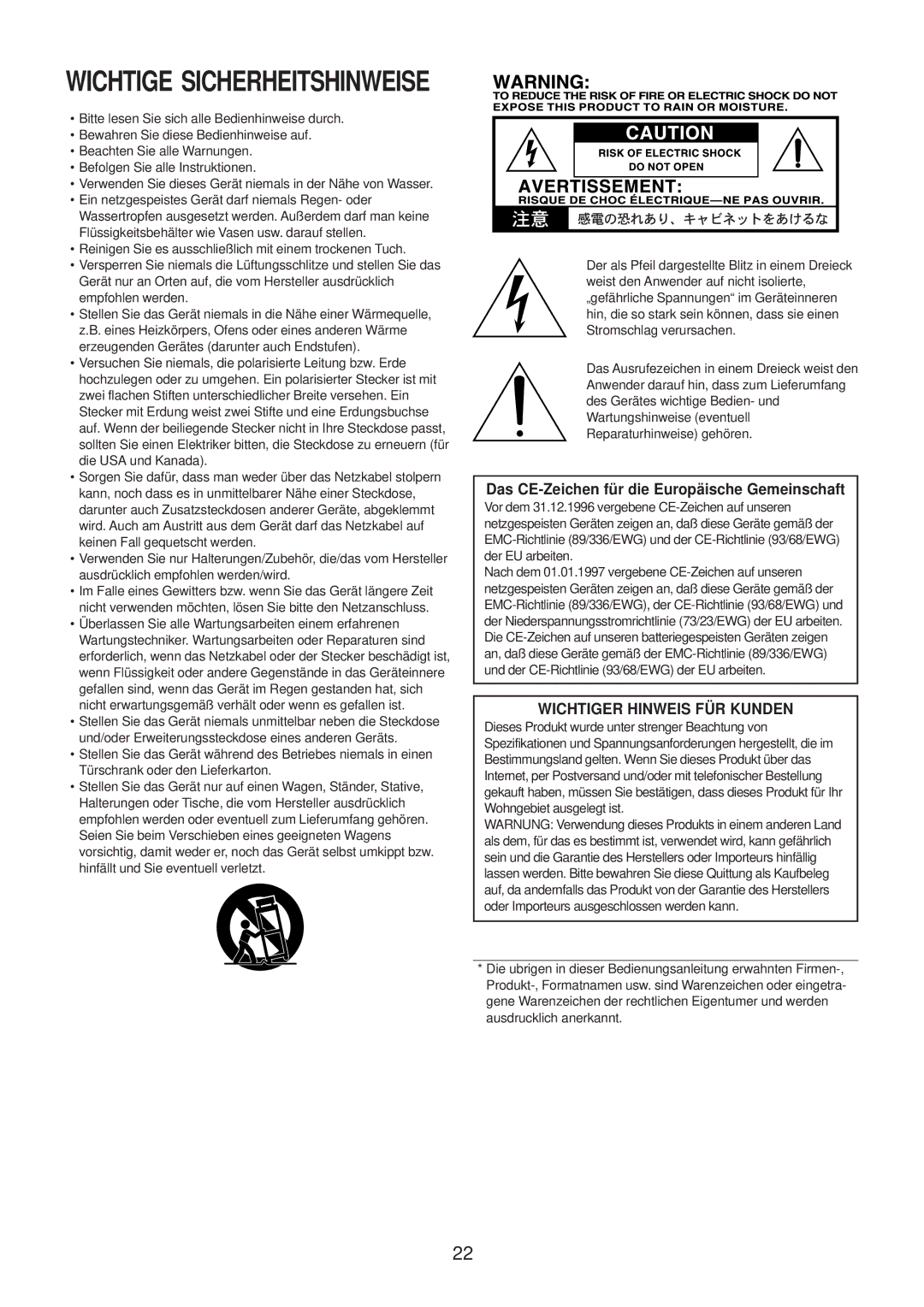 Vox AC30CC1, AC30CC2X, AC30CCH owner manual Das CE-Zeichen für die Europäische Gemeinschaft, Wichtiger Hinweis FÜR Kunden 