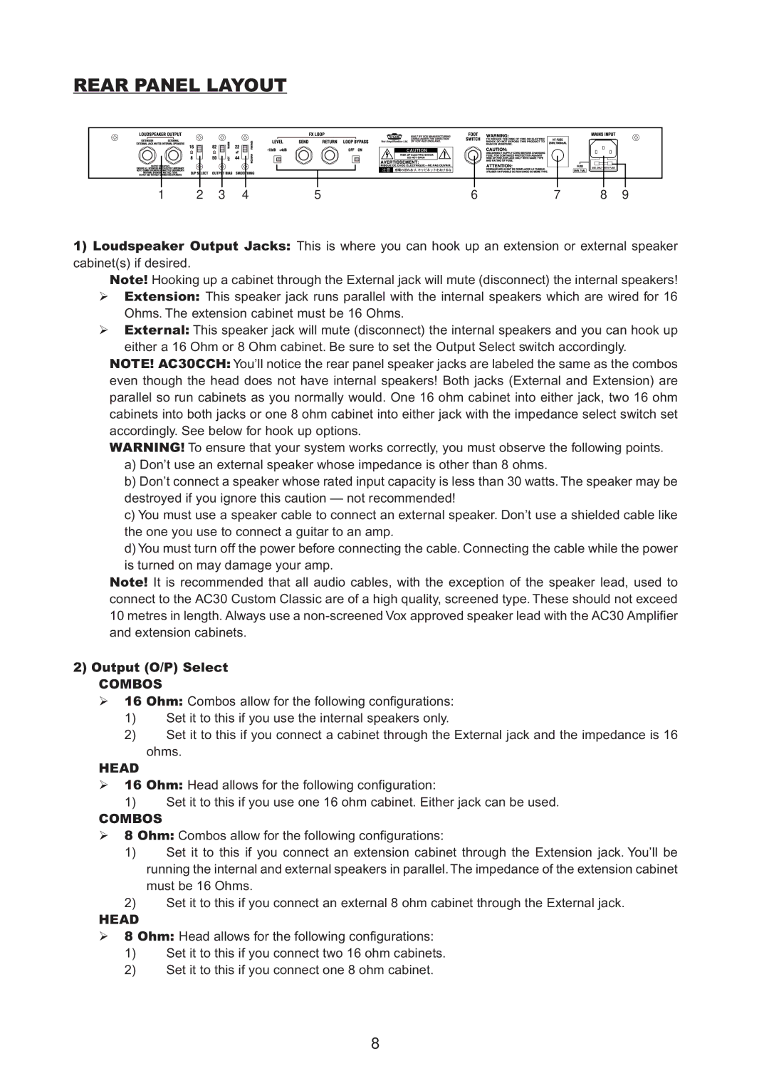 Vox AC30CC2X, AC30CC1, AC30CCH owner manual Rear Panel Layout, Output O/P Select, Combos, Head 
